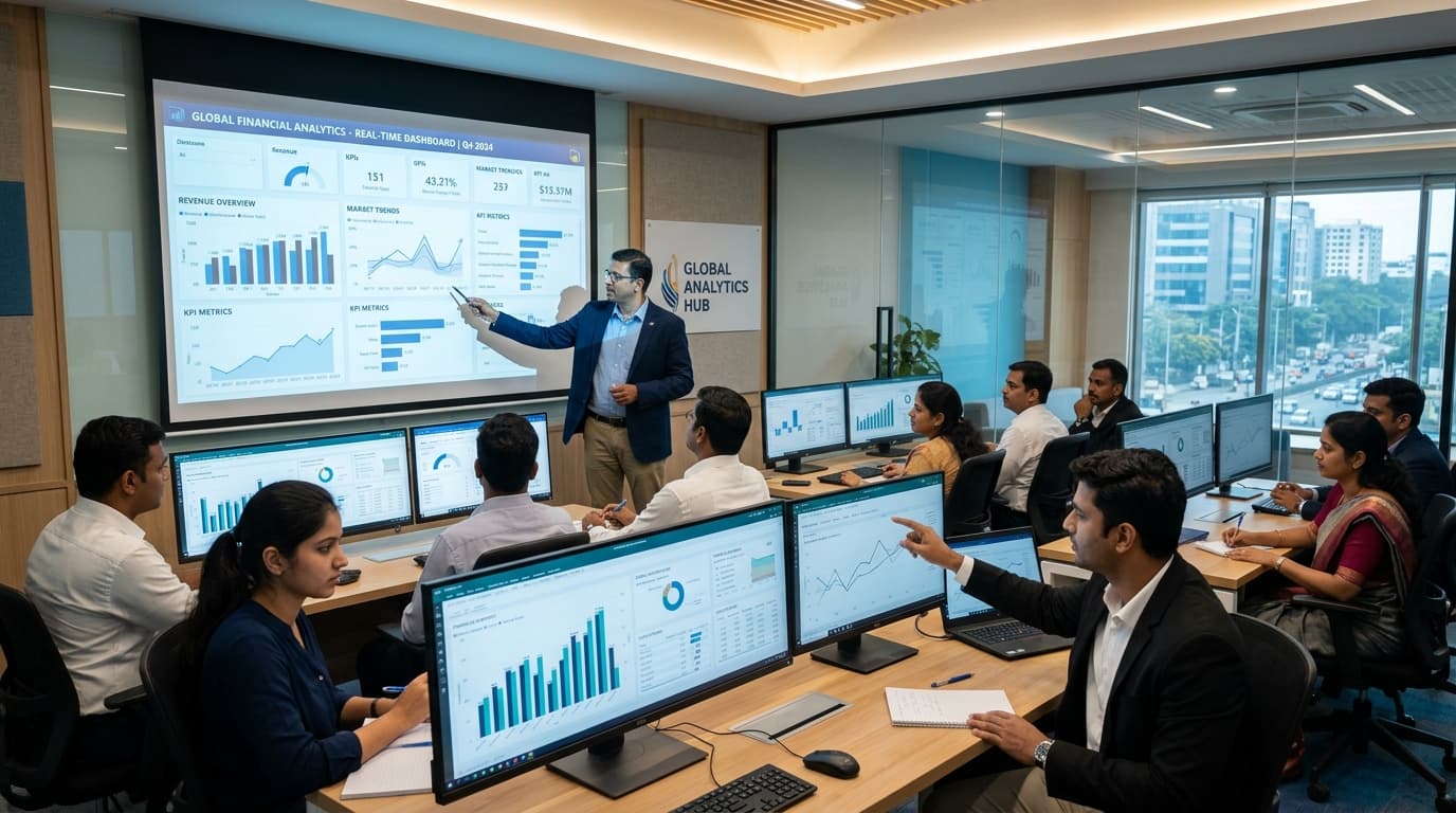 Indian student analyzing business intelligence dashboards